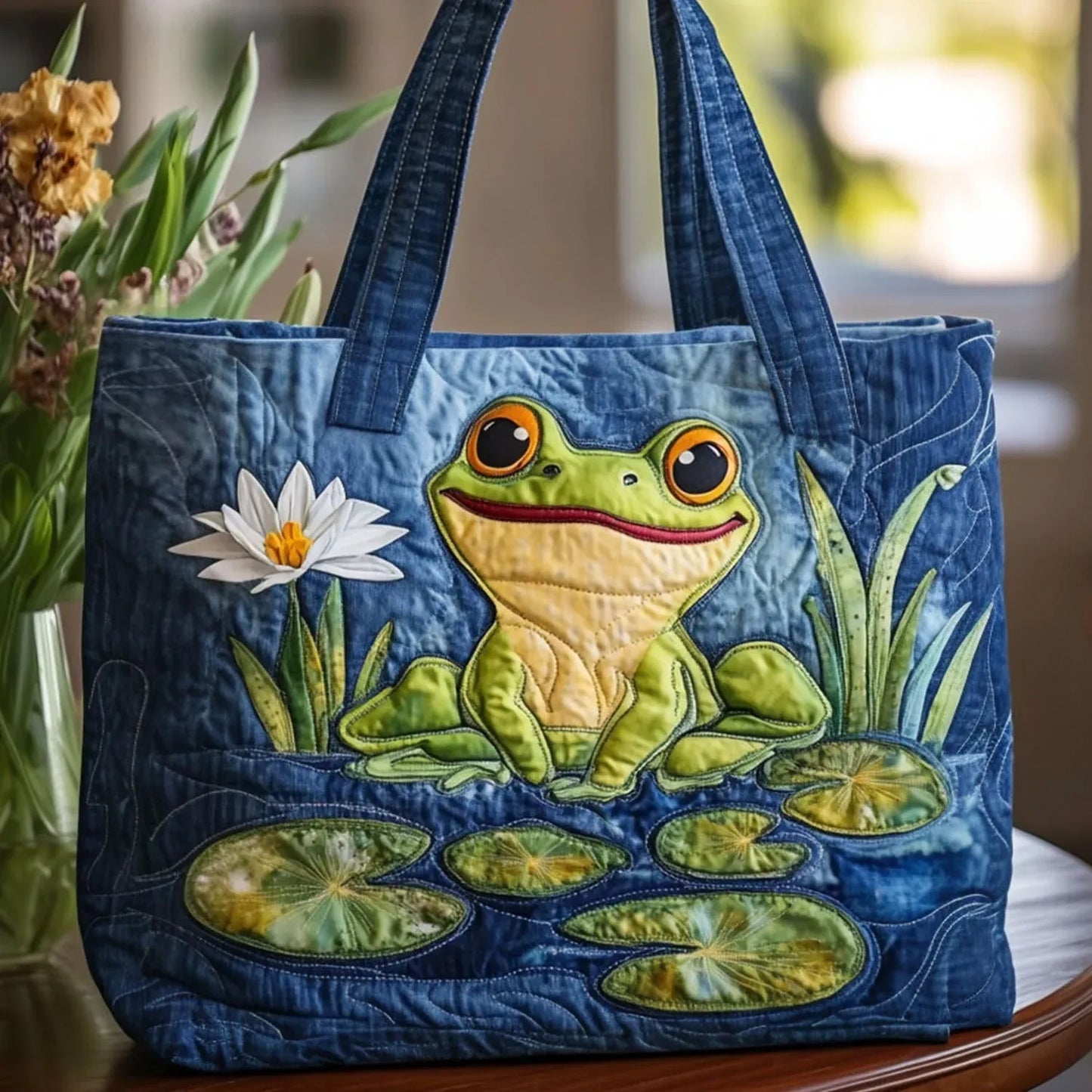 Frog and Lotus Series Handmade Tote Bag