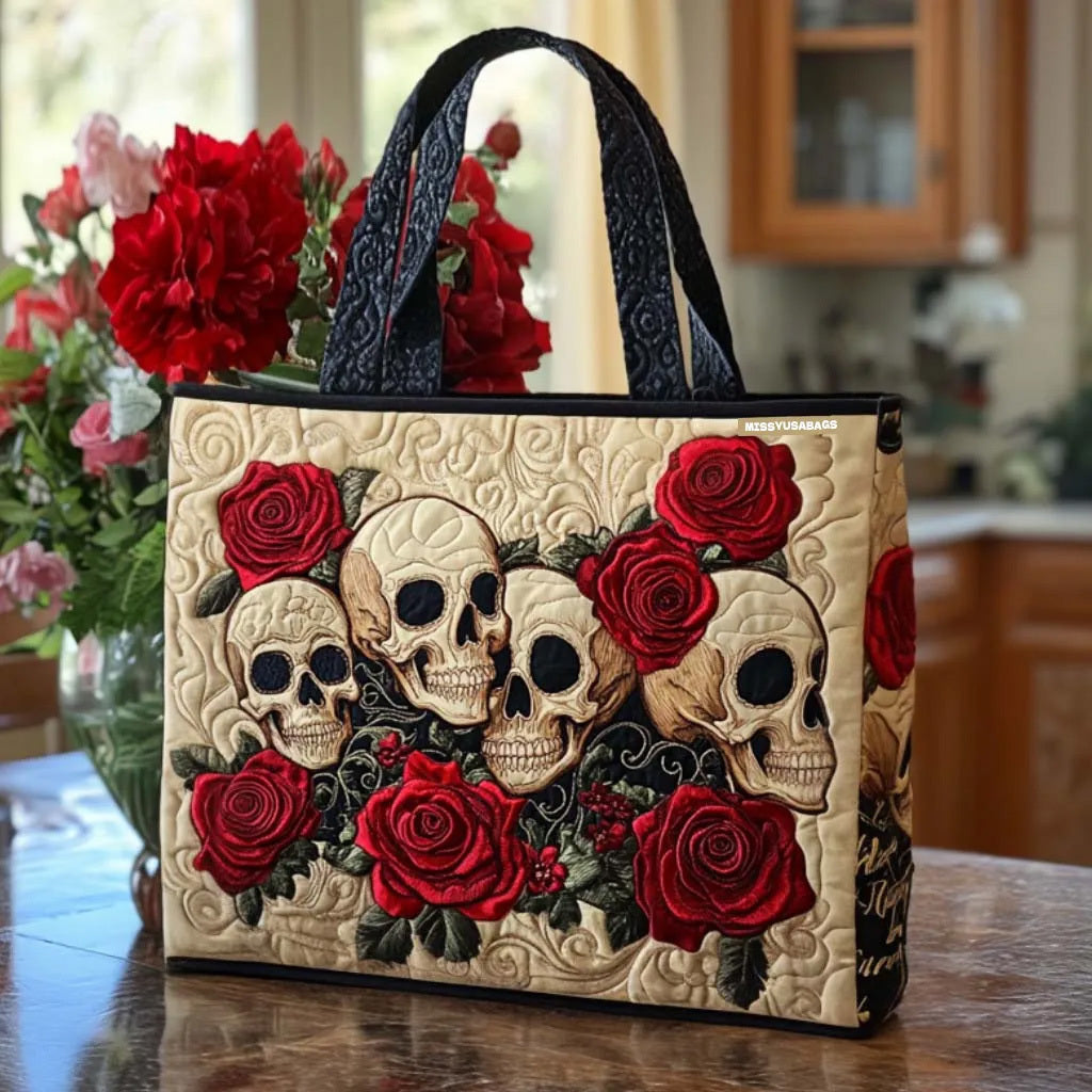 Skull And Red Rose Handmade Tote Bag
