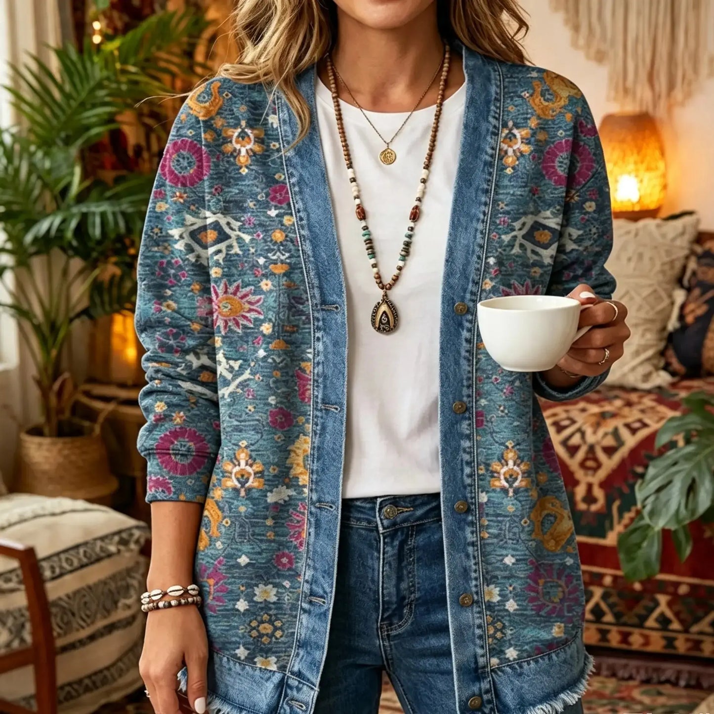 Vintage Ethnic Floral Paisley 3D Digital Printing Denim Shirt