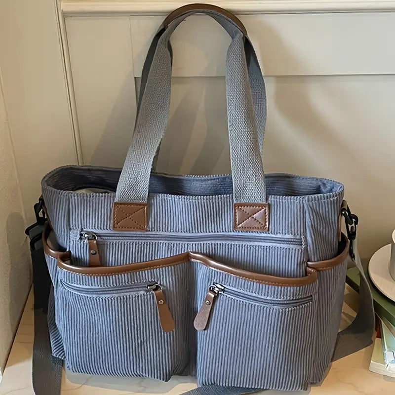 Corduroy Multi-Pocket Convertible Tote Bag