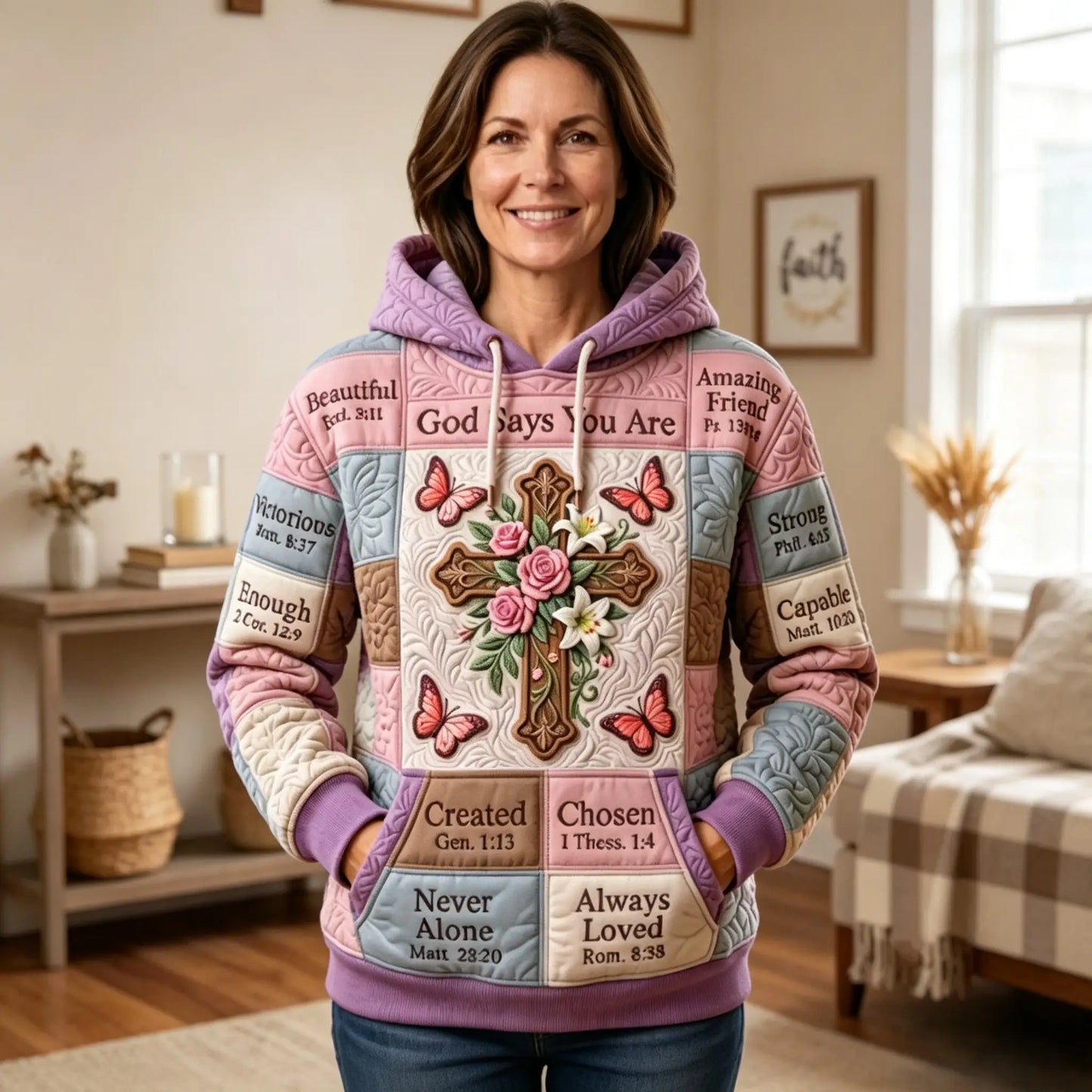 Floral Bible Quilted Casual Regular Fit Long Sleeve Hoodie Sweatshirt