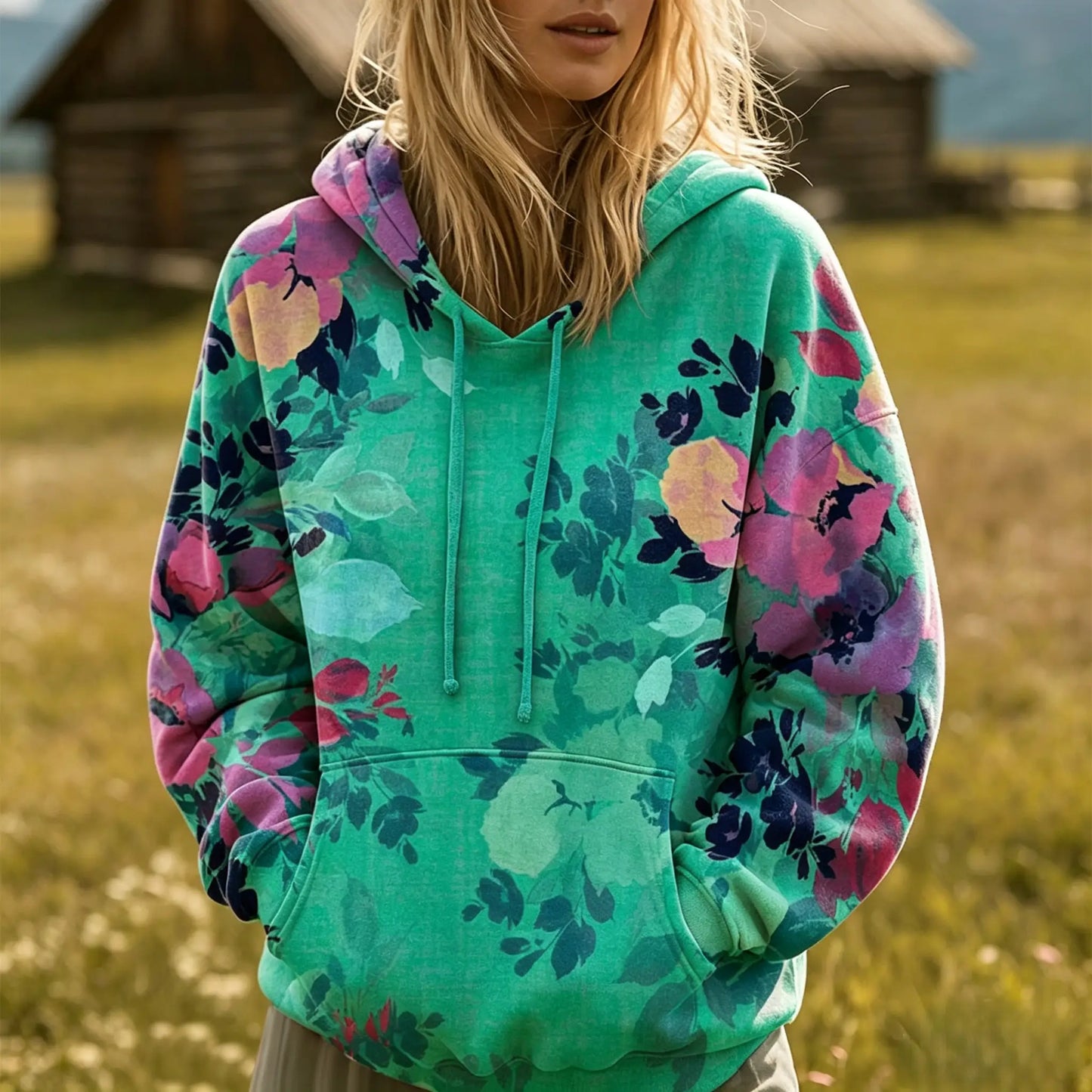 Floral Pattern Quilted Casual Regular Fit Long Sleeve Hoodie Sweatshirt