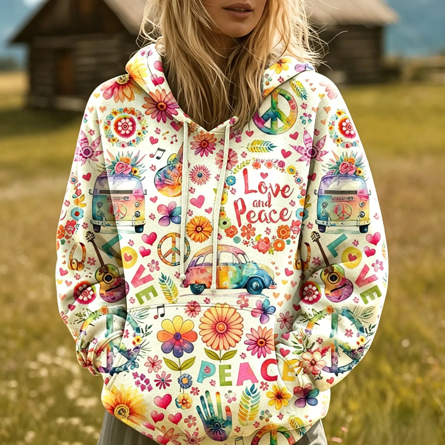 Love and Peace Hippie Quilted Casual Regular Fit Long Sleeve Hoodie Sweatshirt