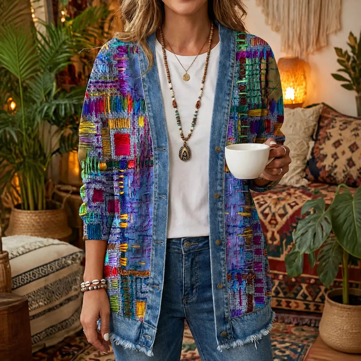Ethnicity Geometry Texture 3D Digital Printing Denim Shirt
