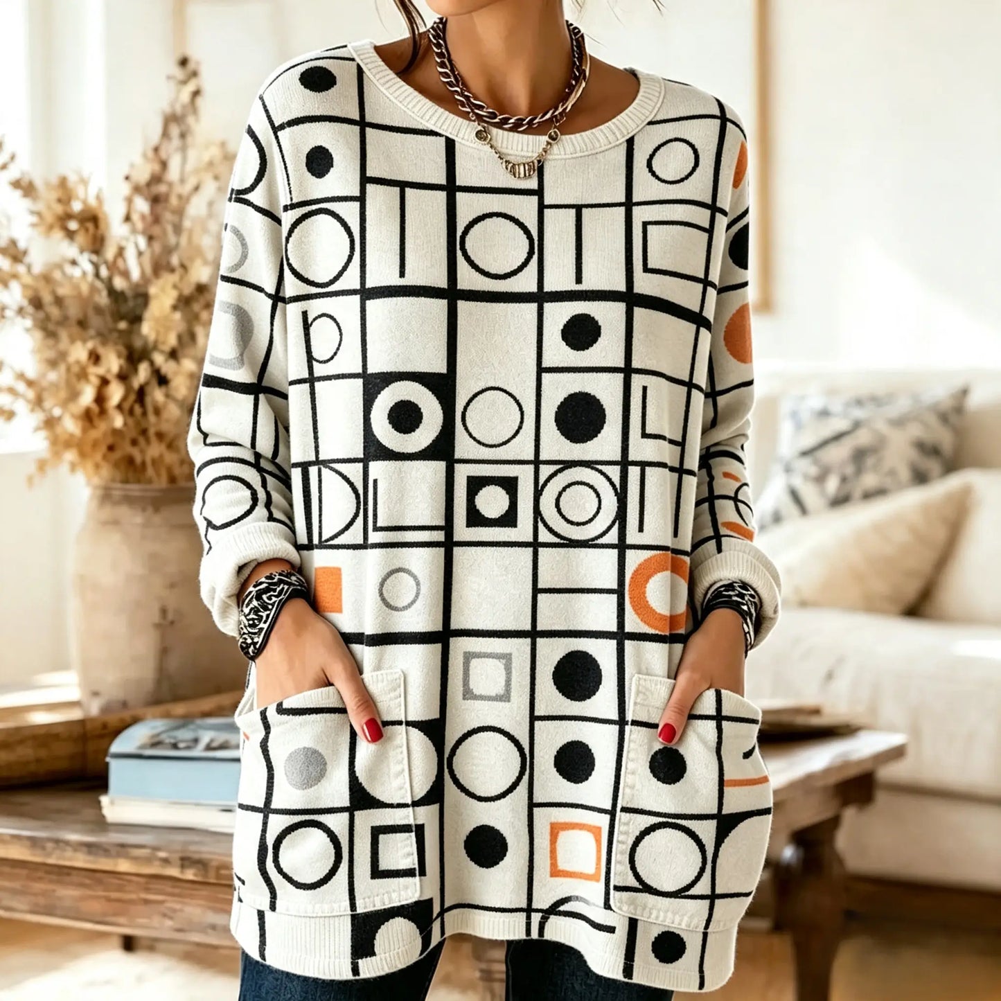 Minimal Line & Dot Colorful 3D-Print Pocket Sweatshirt