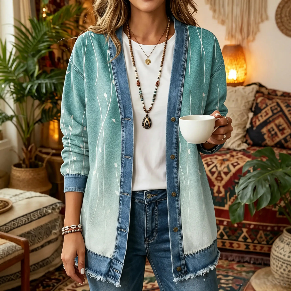 Mint Gradient Stem Print 3D Digital Printing Denim Shirt