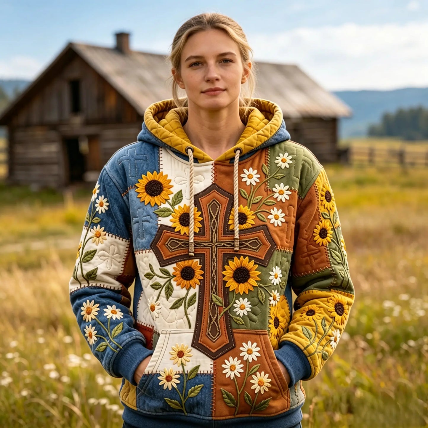 Sunflower Cross Quilted Casual Regular Fit Long Sleeve Hoodie Sweatshirt
