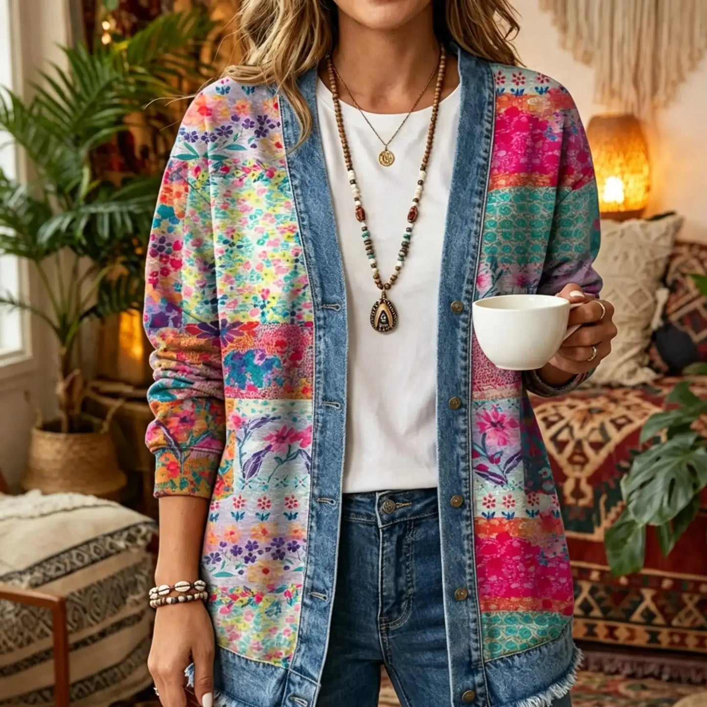 Multicolor Wildflower Boho 3D Digital Printing Denim Shirt