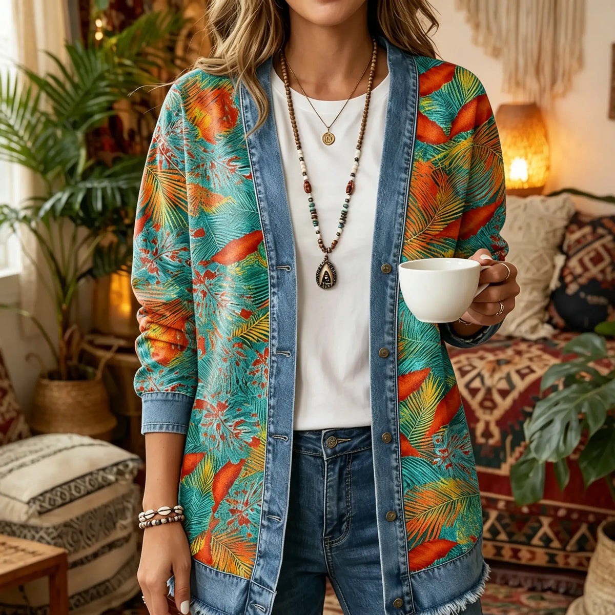 Tropical Palm Leaf Print 3D Digital Printing Denim Shirt