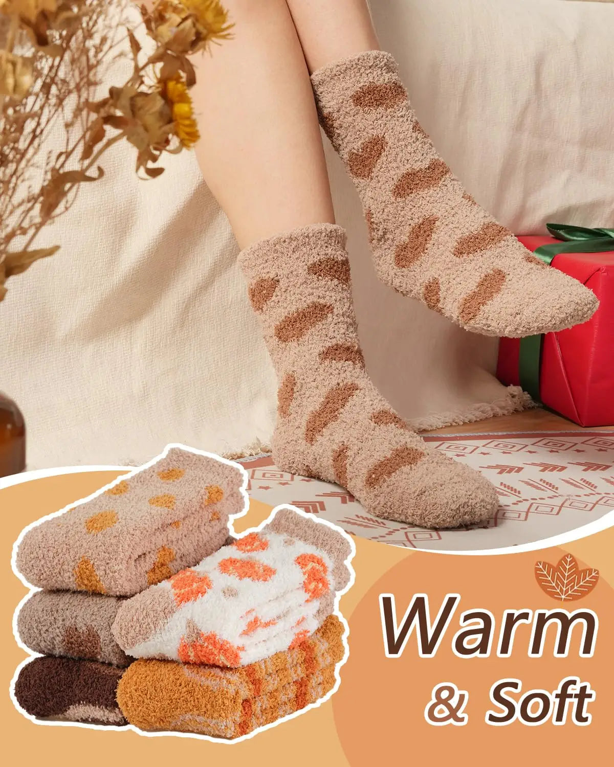 Leopard Zebra Fall Cozy Fluffy Slipper Socks 5 Pairs
