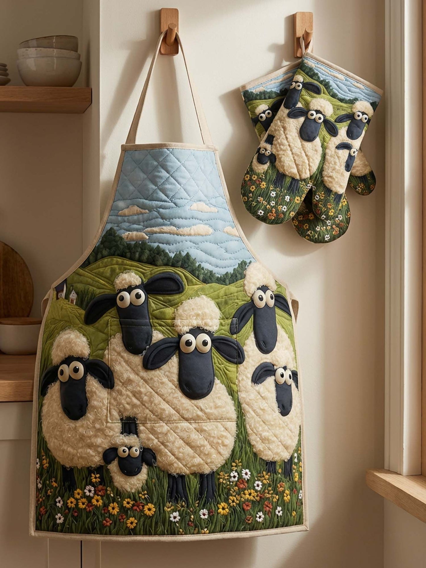 Cute Sheep Quilted Apron Set (2-Piece) – Padded Apron + Heat-Resistant Oven Mitts