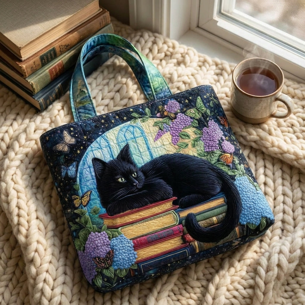 Black Cat on Books Handmade Tote Bag