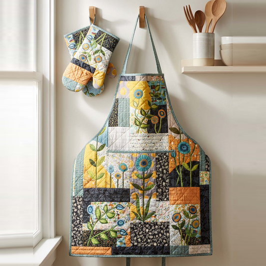 Flower Quilted Apron Set (2-Piece) – Padded Apron + Heat-Resistant Oven Mitts