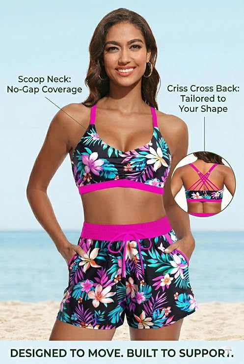 3 Piece Tankini with Shorts - Sporty Swimsuit