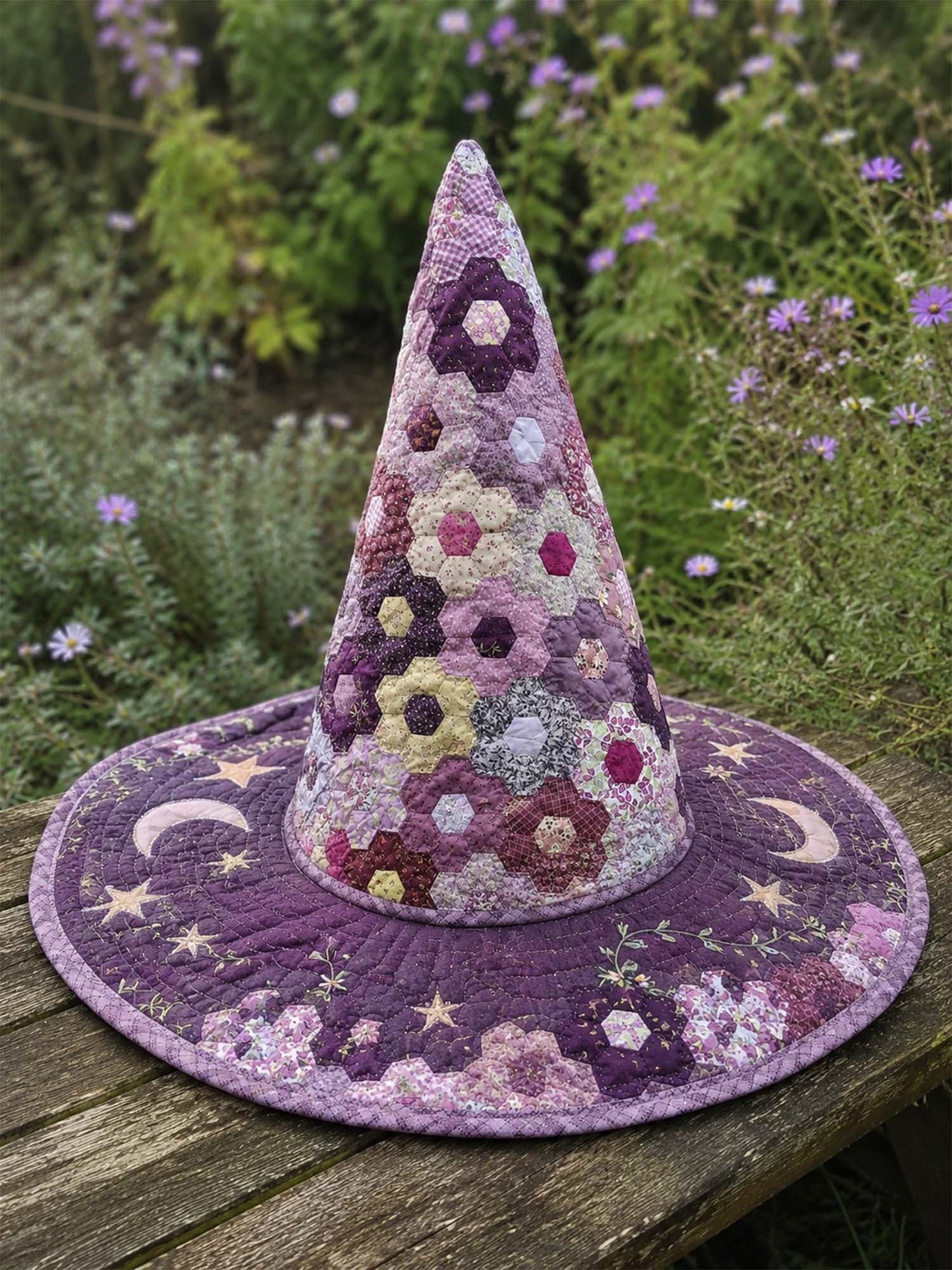 Hexagon Patchwork Celestial Handcrafted Quilted Witch Hat