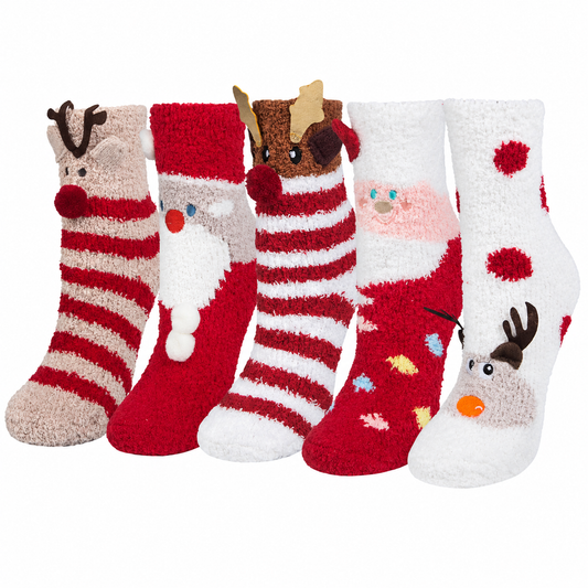 Christmas Santa Reindeer Fall Cozy Fluffy Slipper Socks 5 Pairs