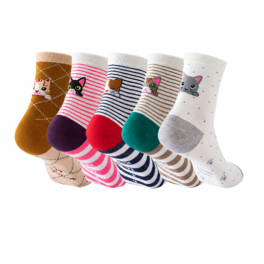 Cat Stripe Dotted Animal Face Socks 5 Pairs