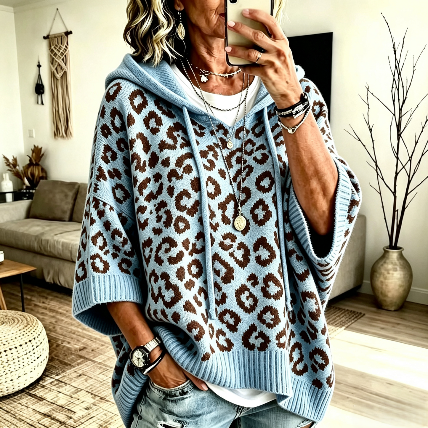 Comfortable And Casual Leopard-print Knitted Hoodie