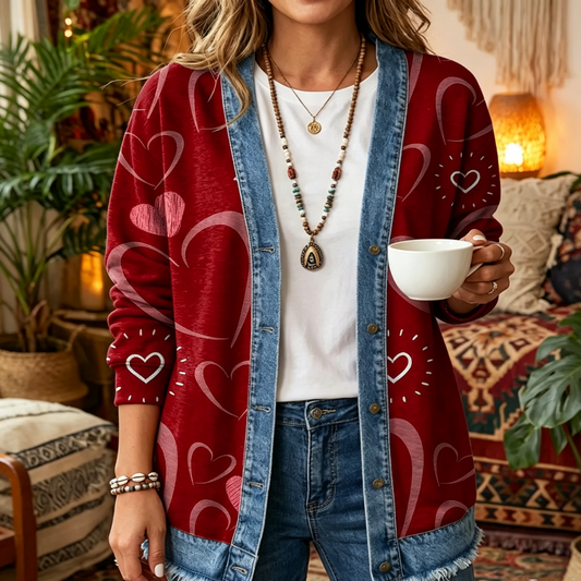 Burgundy Heart Print 3D Digital Printing Denim Shirt