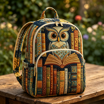 Vintage Owl & Book Quilted Backpack