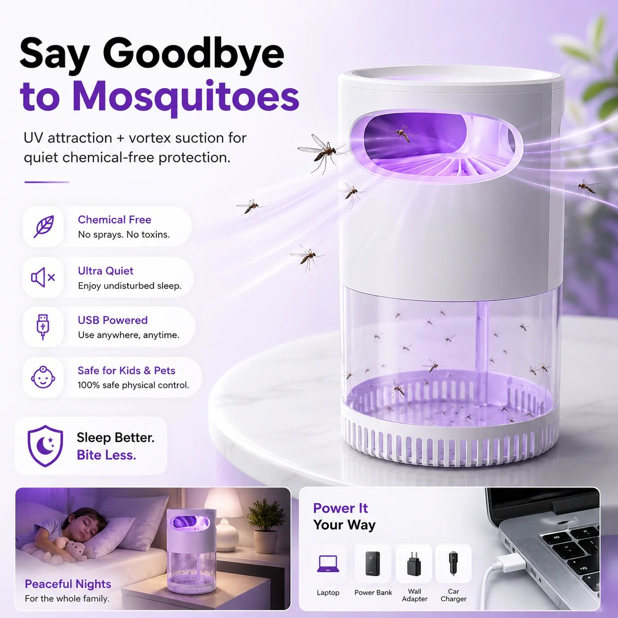 Quiet UV Mosquito Trap – Chemical-Free & Safe for Kids & Pets
