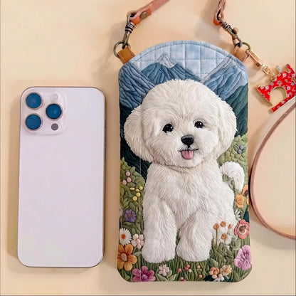 Mountain Floral Bichon Frise Quilted Slim Phone Crossbody Bag