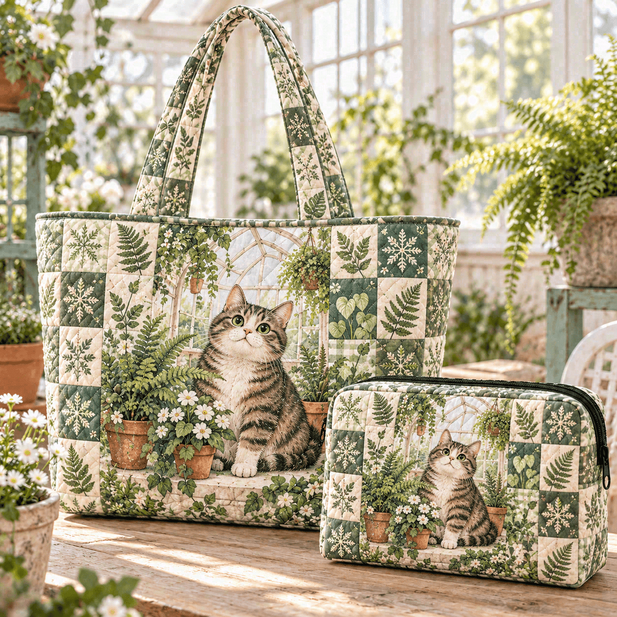 2pcs Tabby Cat Green Leaves Quilted Tote Bag Set