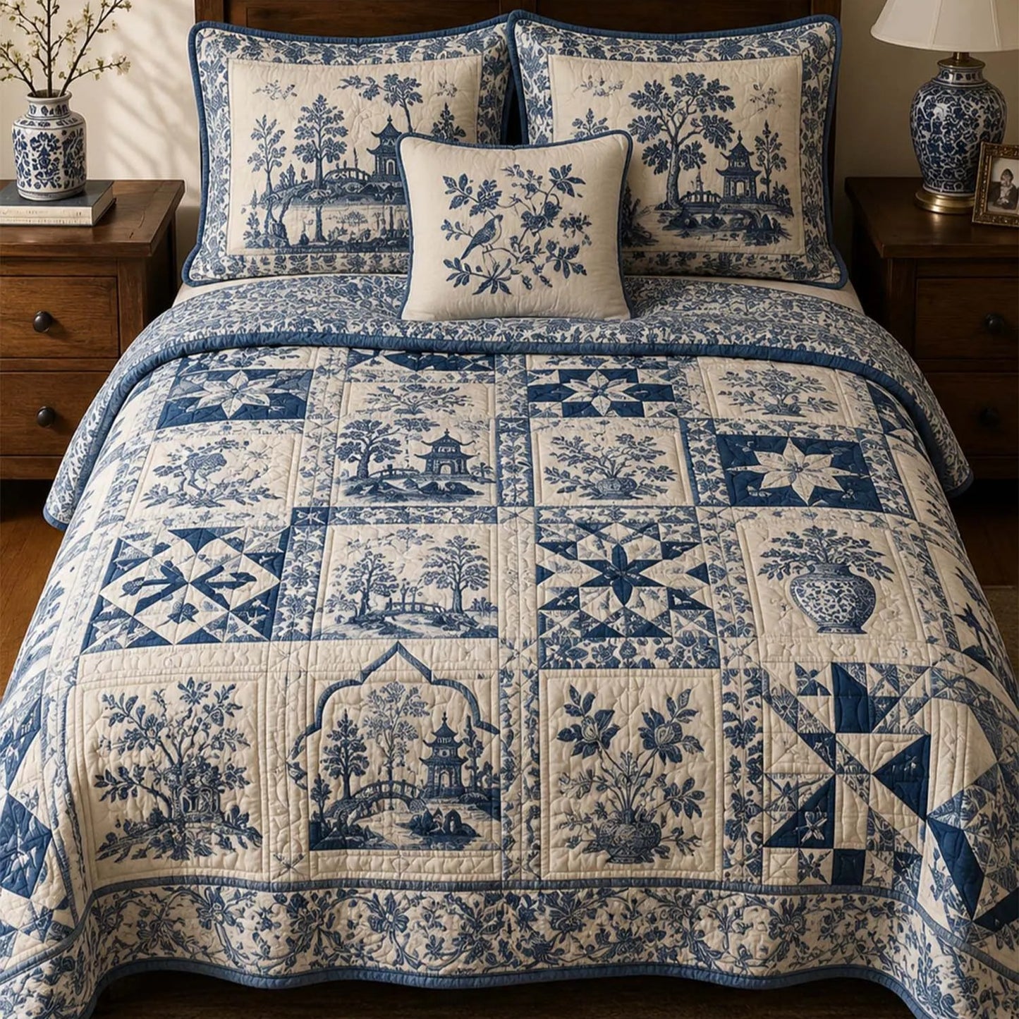 Blue Willow Chinoiserie Quilted Bedding Set