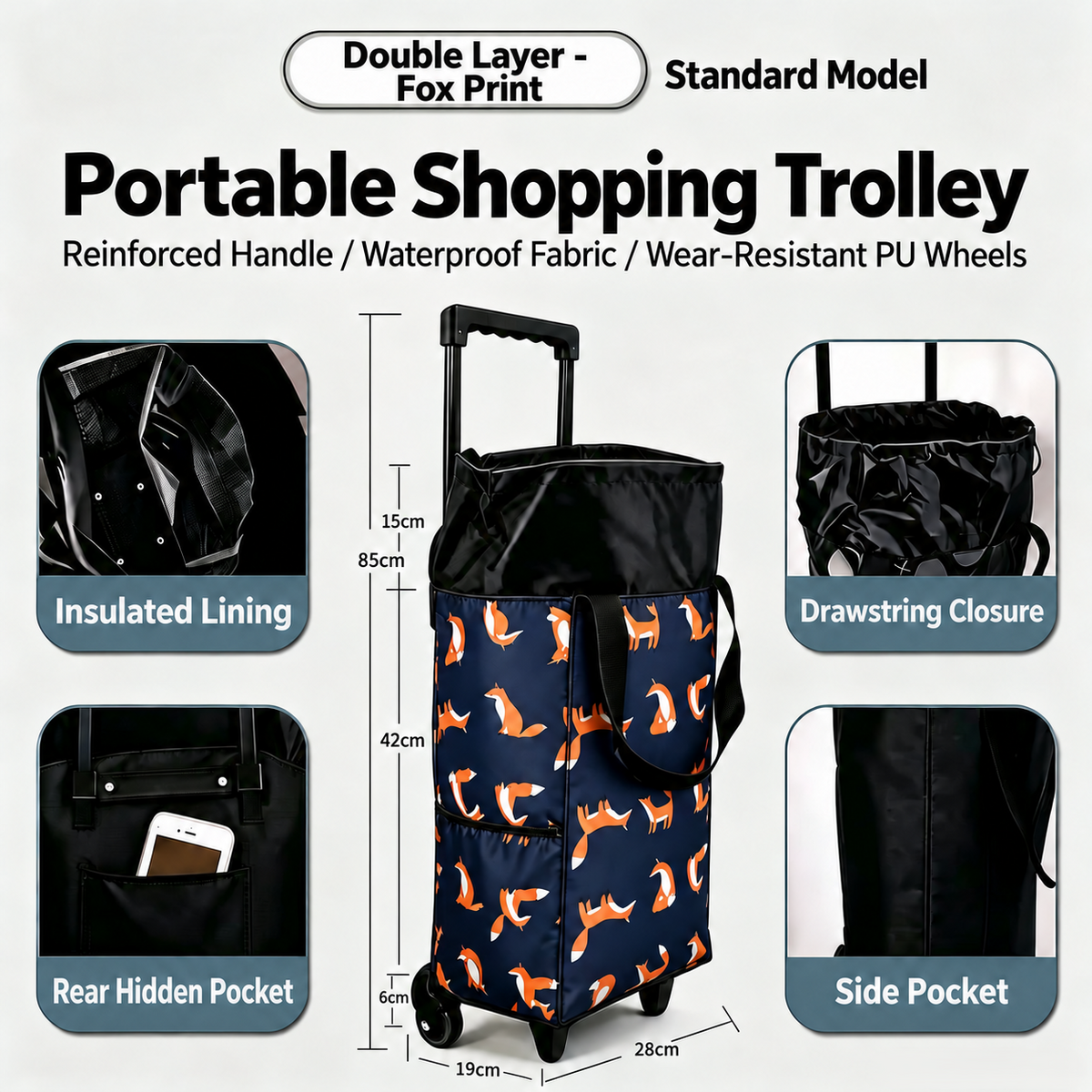 2-in-1 Folding Oxford Shopping Cart with 360° Swivel Wheels