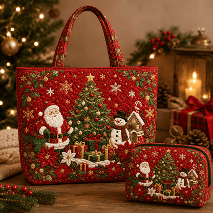 2pcs Santa Christmas Tree Snowman Quilted Tote Bag Set