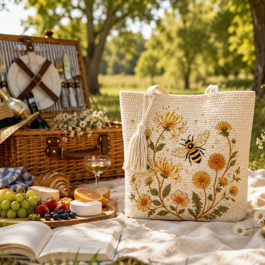 🐝Handmade Crochet Bee Embroidered Tote Bag