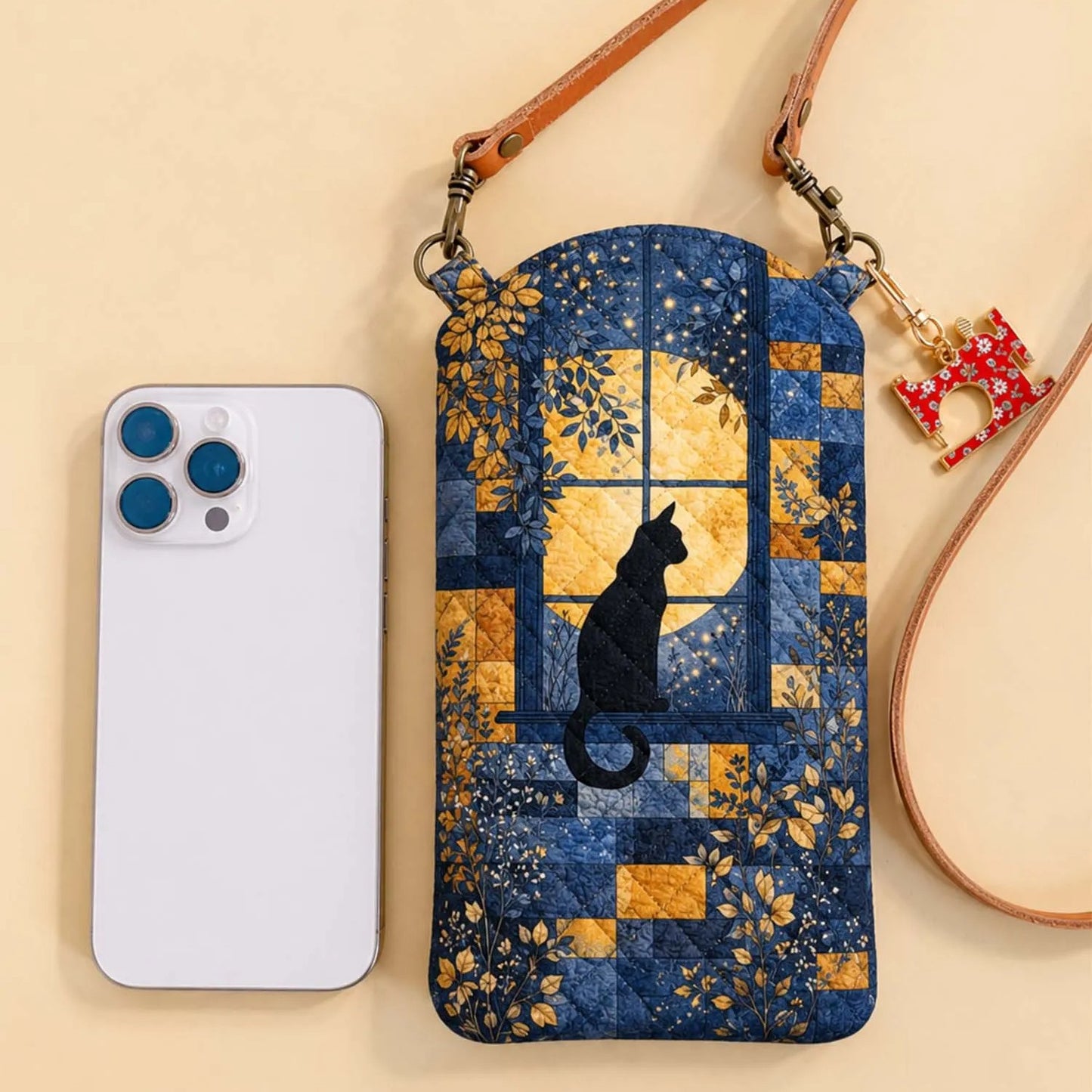 Black Cat Quilted Slim Phone Crossbody Bag