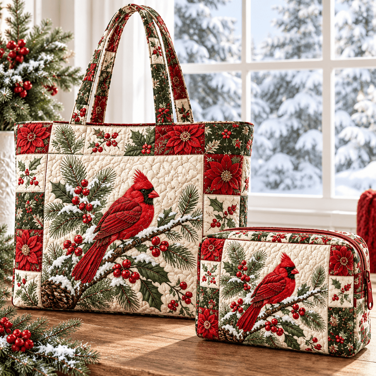 2pcs Cardinal Bird Quilted Tote Bag Set