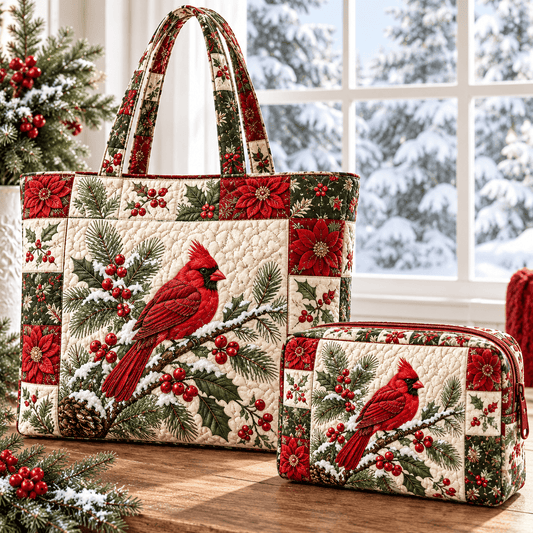 2pcs Cardinal Bird Quilted Tote Bag Set