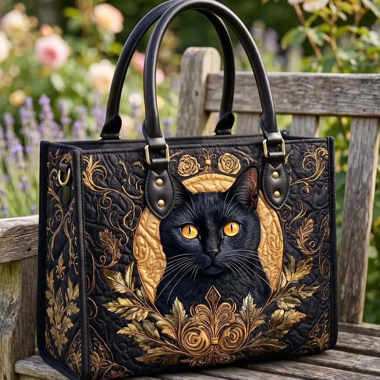 Black Cat Quilted Leather Strap Bible Handbag