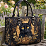 Black Cat Quilted Leather Strap Bible Handbag