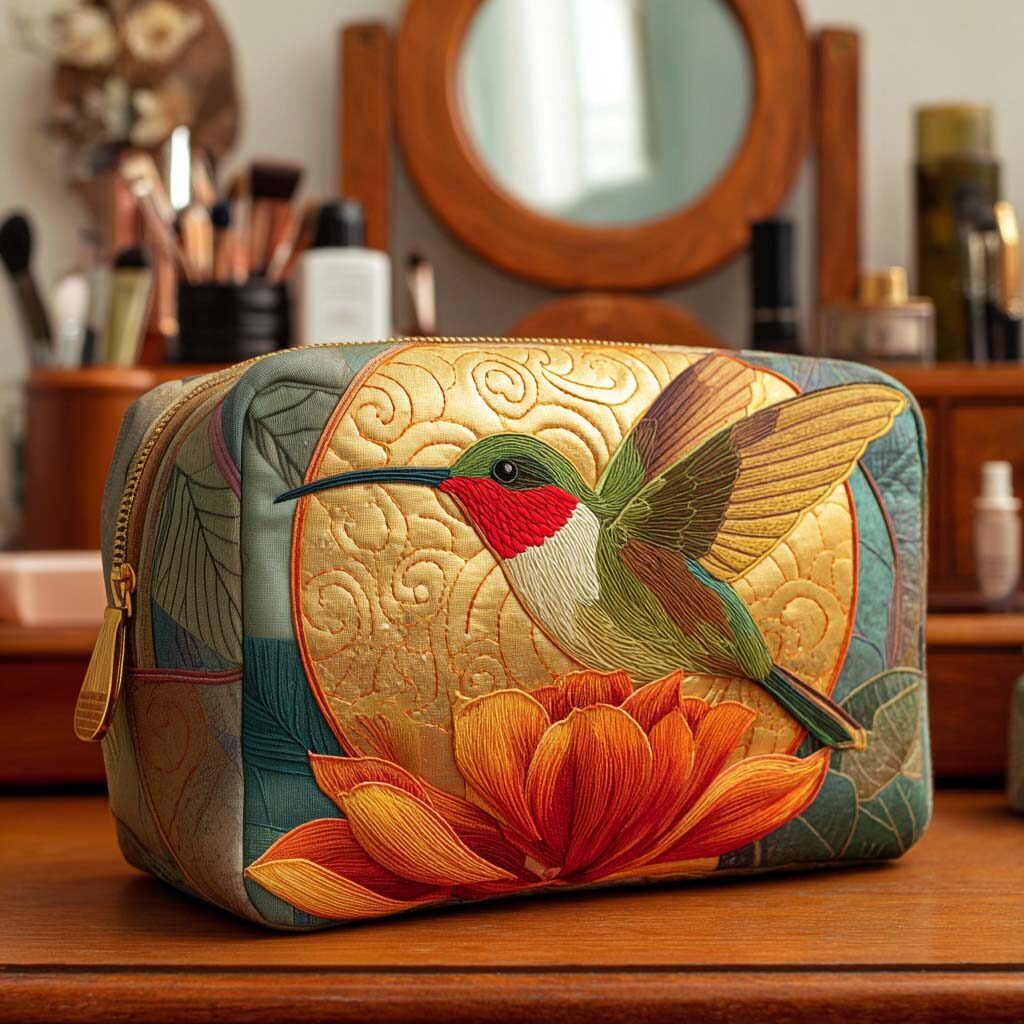 Golden Humming Quilted Makeup Bag