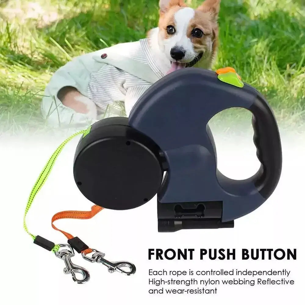 Dual Pet Leash Retractable Reflective Lead 360 Swivel Design