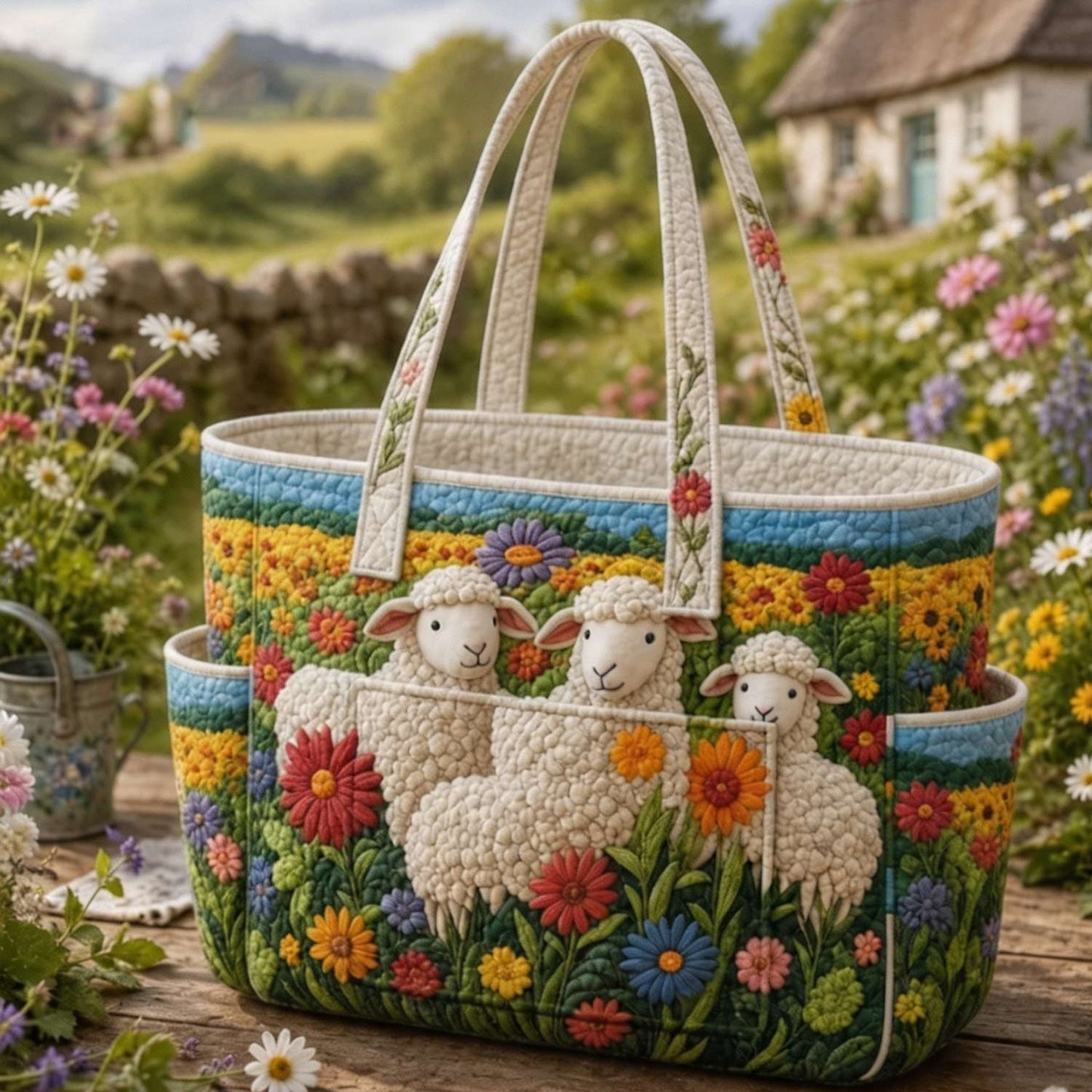 Floral Sheep Multiple Pockets Quilted Tote Bag