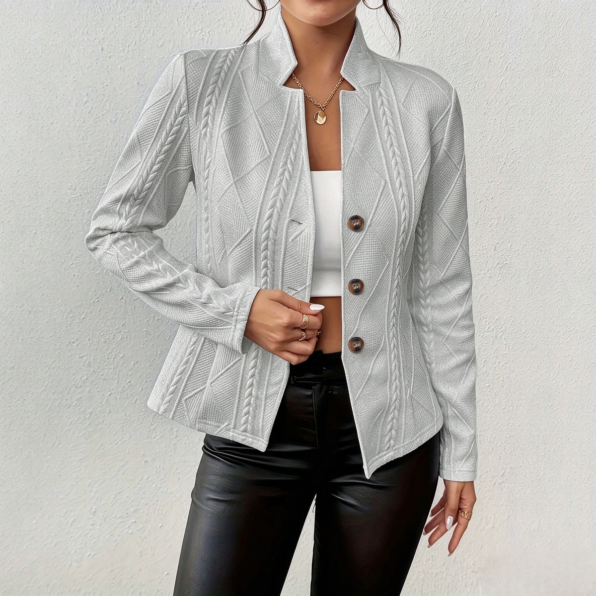 Textured Knit Stand-Collar Open-Front Blazer