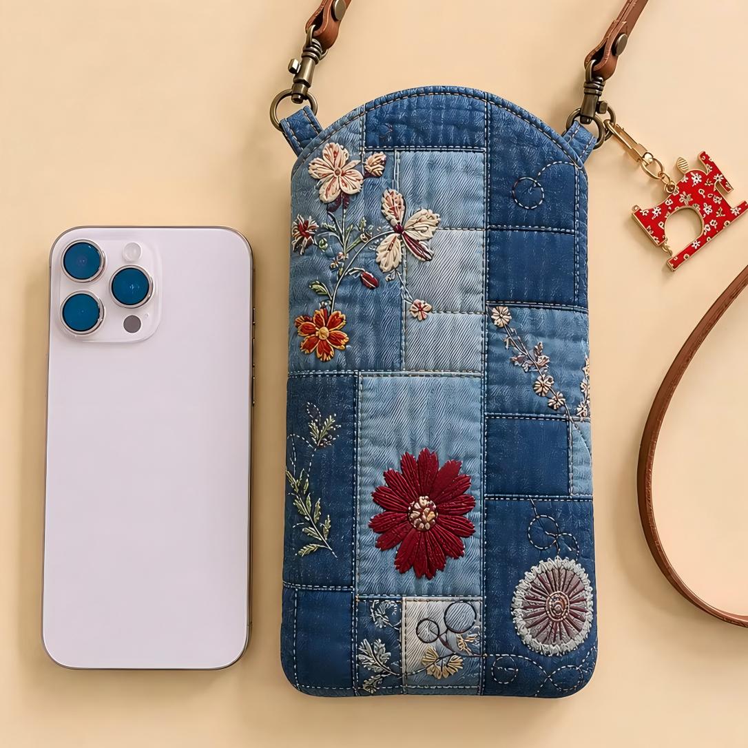 Denim Patchwork Floral Quilted Slim Phone Crossbody Bag