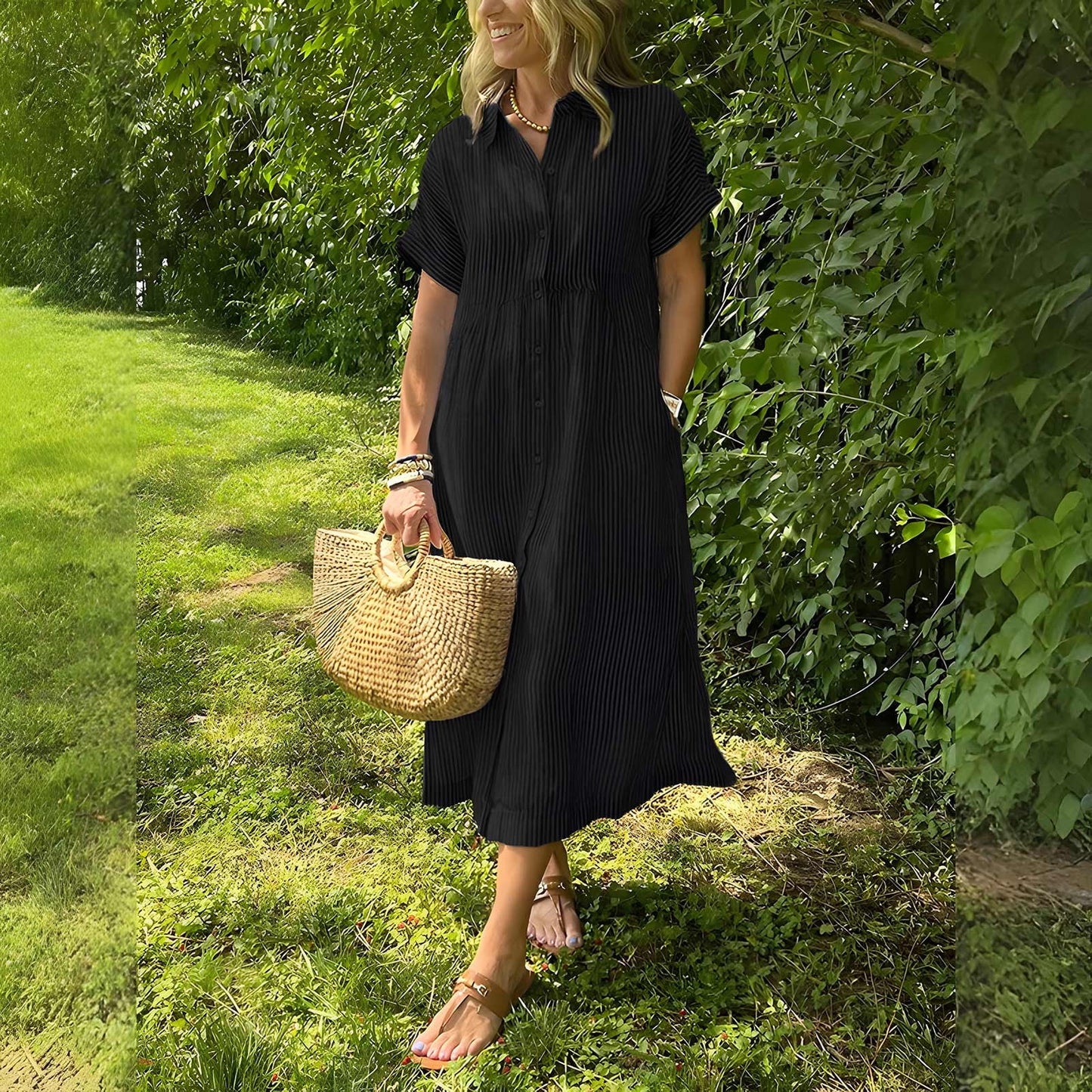 Women’s Striped Button-Down Midi Shirt Dress