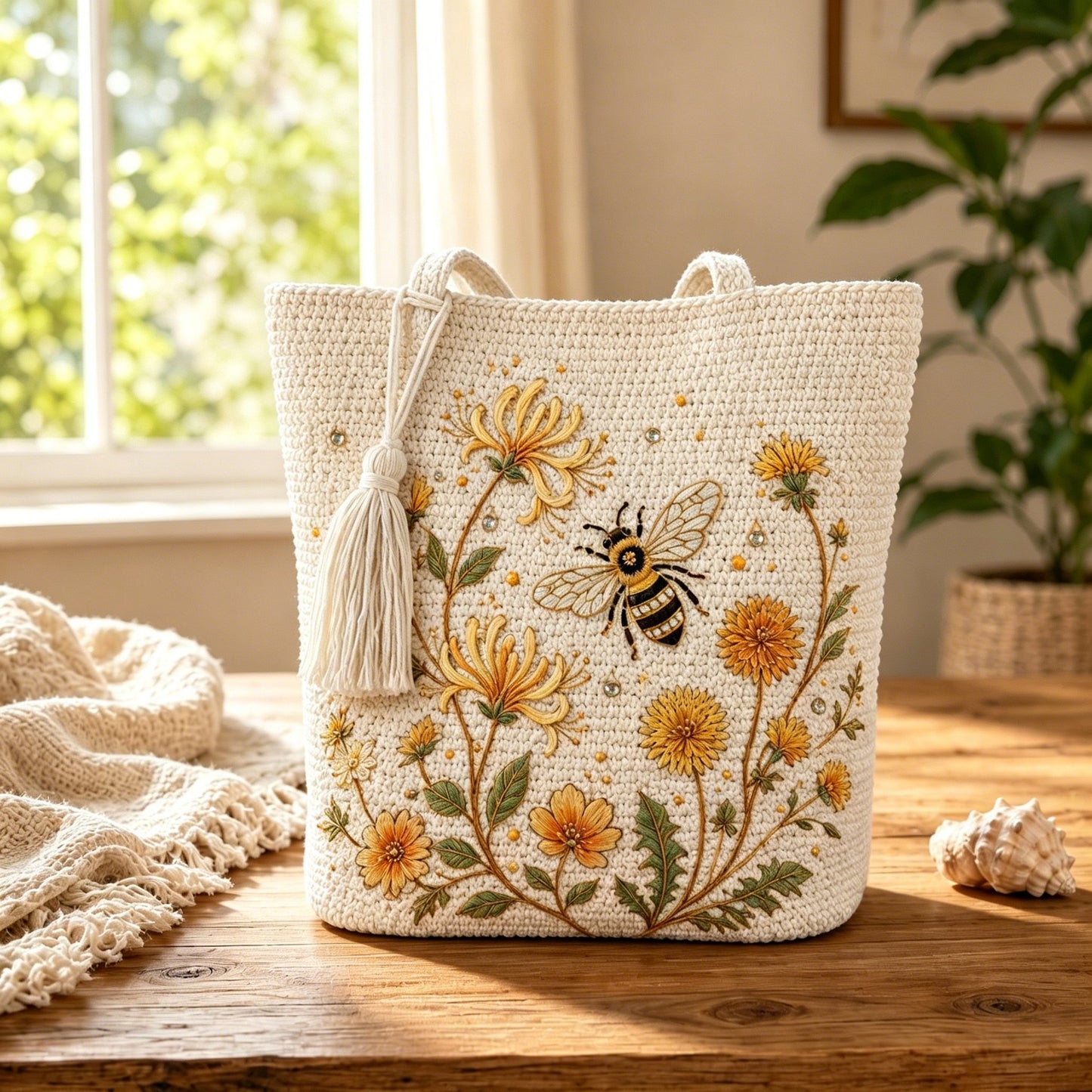 🐝Handmade Crochet Bee Embroidered Tote Bag