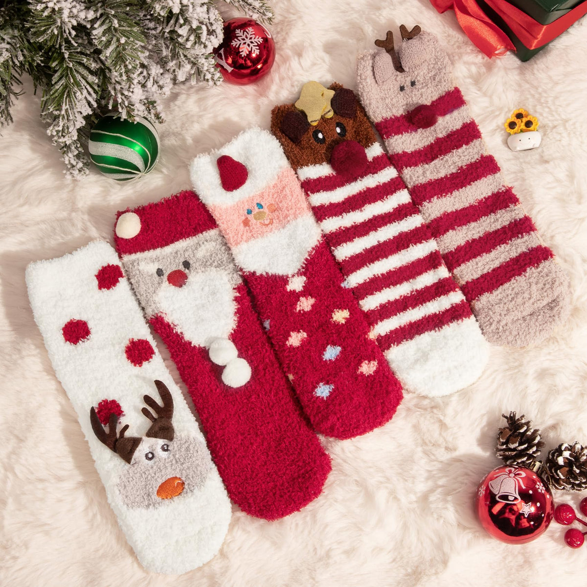 Christmas Santa Reindeer Fall Cozy Fluffy Slipper Socks 5 Pairs