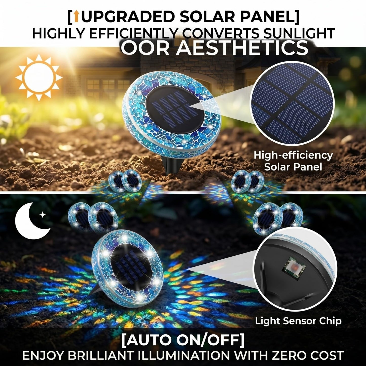 Waterproof Outdoor Glass LED Mosaic Solar Disk Light