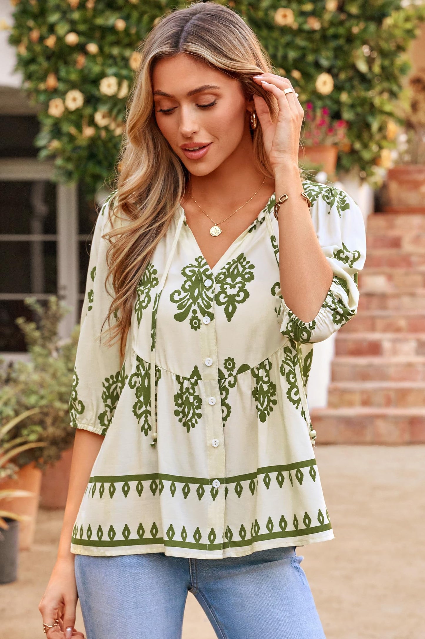 Boho Floral Button Down V Neck Blouses Shirts