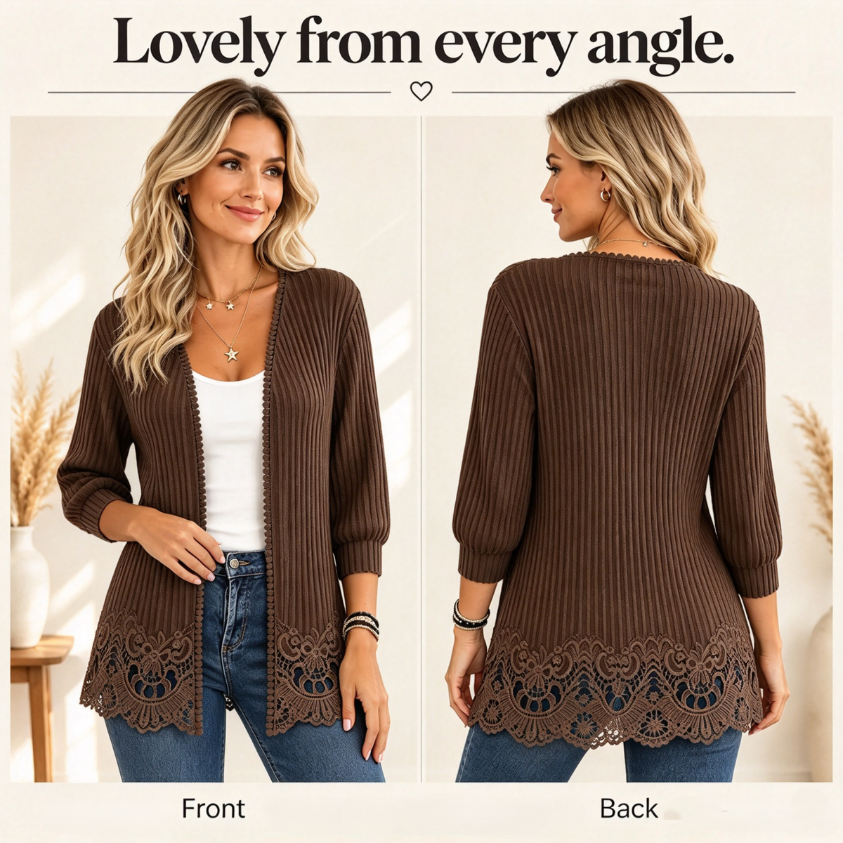 Women's Crochet Lace Trim Open-Front Cardigan