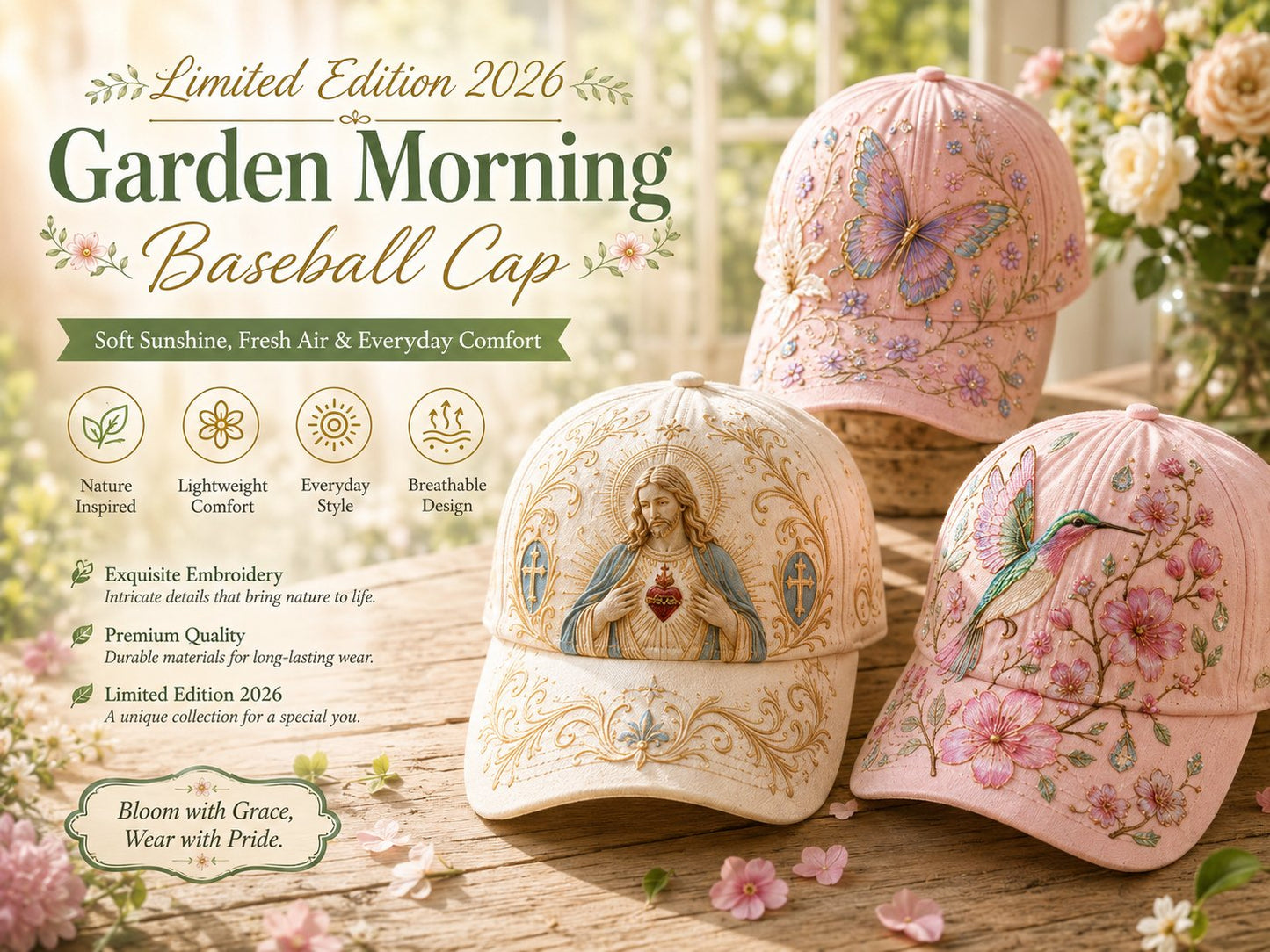 Adjustable Garden Morning Hummingbird Flowers Baseball Cap