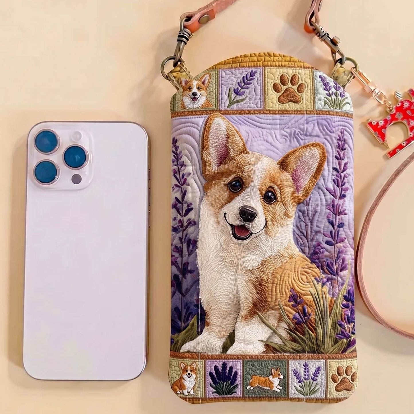 Lavender Corgi Patchwork Quilted Slim Phone Crossbody Bag