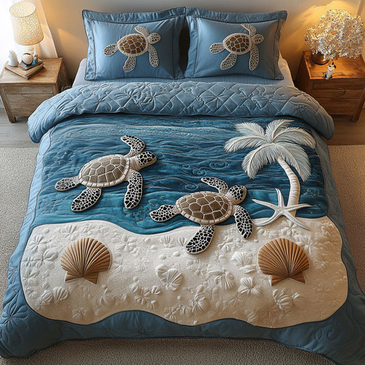 Coastal Sea Turtle Palm Tree Quilted Bedding Set